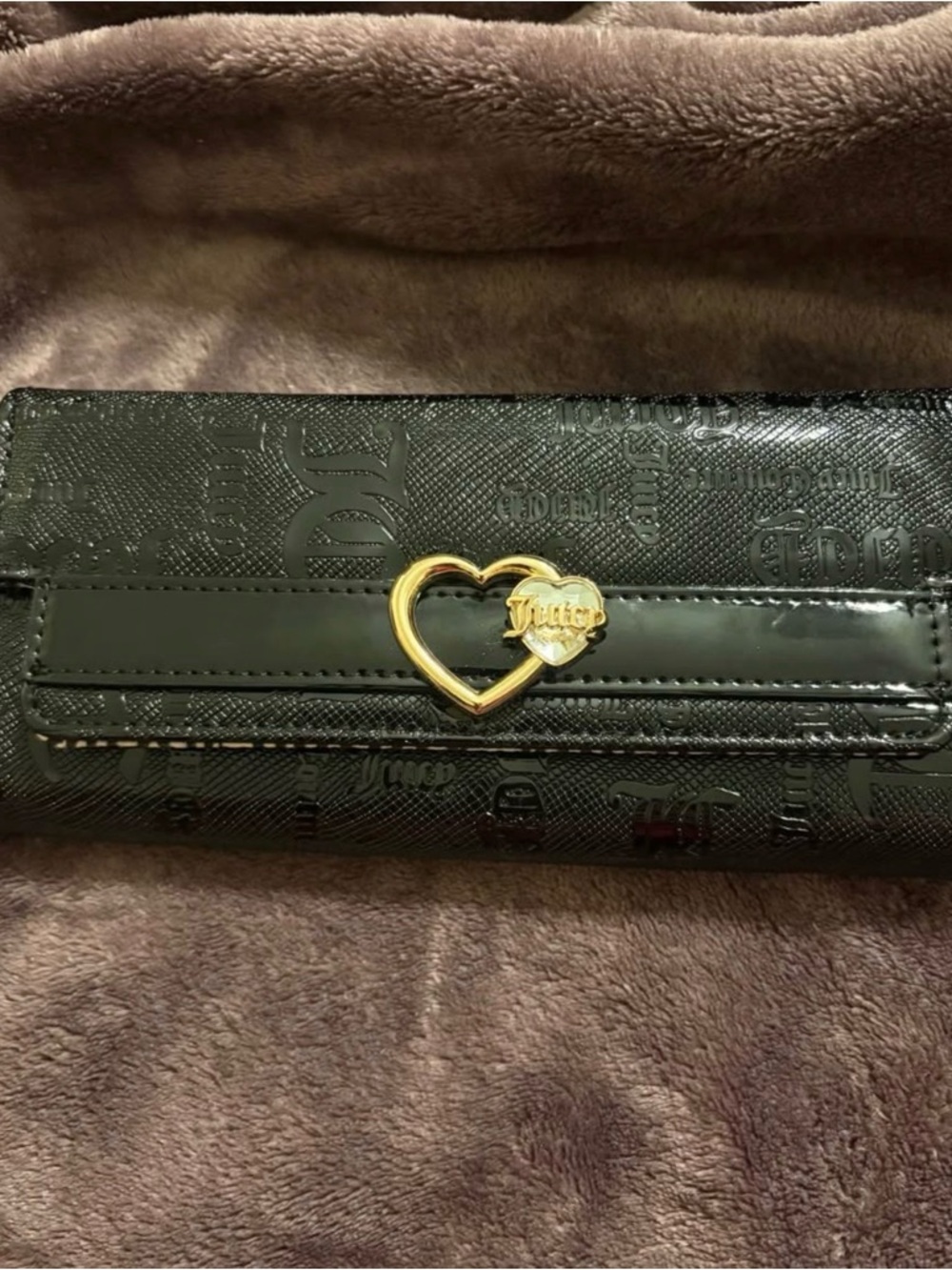 Juicy Couture Black Patent Wallet with Gold Heart Charm